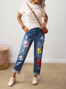 SHEIN Tall Damen Lässig Jeans mit besticktem Blumenmuster und Taschen
