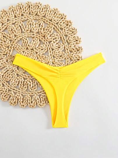 Swim Basics Women's Solid Color Ruched Triangle Yellow Bikini Bottom For Summer Beach Vacation