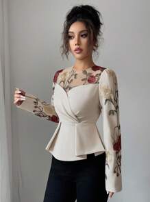 Elenzga Áo cánh tay dài cổ tròn thêu lưới xếp ly phong cách Pháp lãng mạn Sicily thanh lịch giản dị đi làm kỳ nghỉ tiệc trà chiều cho nữ, mùa xuân/hè - Màu be - Xem 6