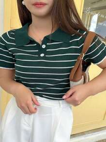 Dazy Plus Top de punto de manga corta con cuello de polo a rayas, suelto, para verano