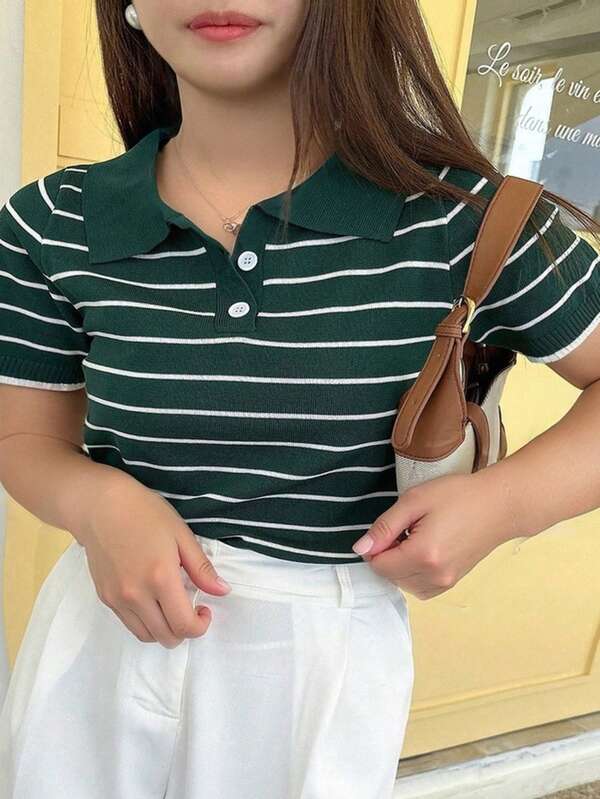 Dazy Plus Top de punto de manga corta con cuello de polo a rayas, suelto, para verano