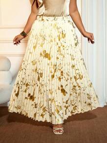 Cravure Plus Size Women's Elegant Pleated Flare Metallic Skirt - Champagne - View 3