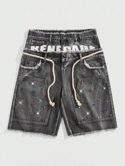 Street Life Men's Loose Fit Double Waistband Sparkling Diamond Denim Shorts