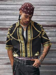 AXEPEAK 男士夏季度假休闲链条印花落肩宽松衬衫