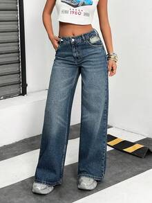 EURMUSE Calça jeans larga com cintura baixa, rasgada e bolso inclinado - Lavagem Média - Ver 1