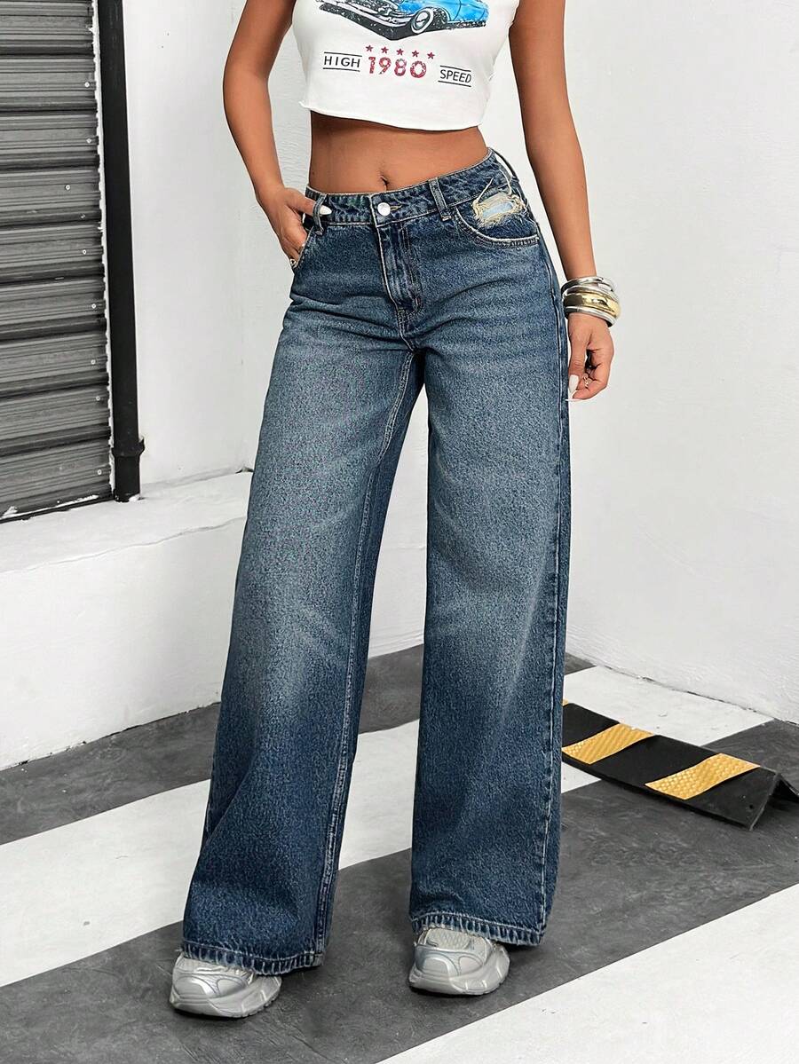 EURMUSE Calça jeans larga com cintura baixa, rasgada e bolso inclinado - Lavagem Média - Ver 1