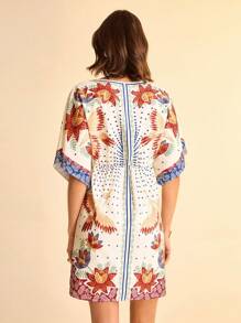 CAJUNI Đầm ngắn đi nghỉ Boho họa tiết hoa nhiệt đới, cây cối và chim cổ chữ V có thể điều chỉnh eo thắt chặt dành cho nữ - Nhiều màu - Xem 2