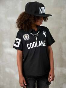 Coolane Kids 青少年春夏前扣短袖字母印花休闲 Polo 衫 - 黑色 - 查看 3