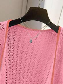 Chiquease Women Contrast Trim Hollow-Out Knit Lightweight Cardigan - Pink - View 6