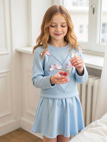 Souflis Souflis 2-Piece Cute Young Girl Long Sleeve Sweater With 3D Bow Decor And Pleated Skirt, Autumn/Winter