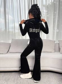 SHEIN 青少年女孩秋冬休闲时尚百搭针织天鹅绒连帽拉链后钻修身喇叭裤，周末休闲外出，节日派对，万圣节，圣诞节