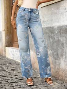 EMERY ROSE Jeans droits à coupe décontractée avec imprimé floral et poche pour femmes