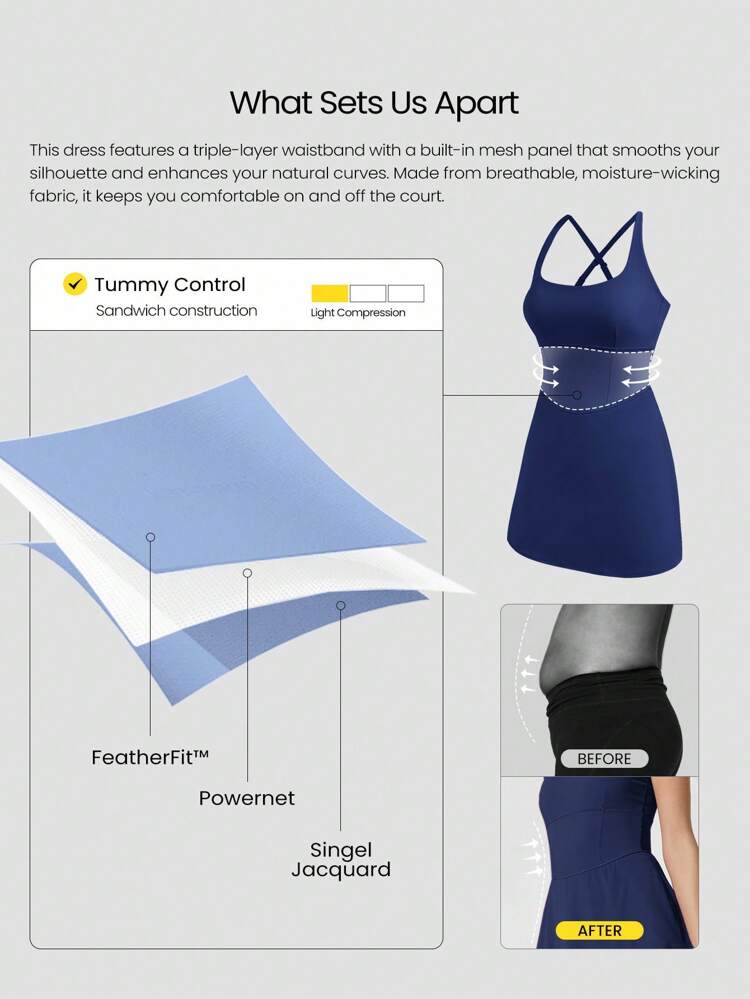 Sukienka z kwadratowym dekoltem i wbudowanymi spodenkami FeatherFit™-Air odprowadzająca pot, szybkoschnąca, kieszenie boczne, uchwyty antypoślizgowe, tenis, golf, siłownia, codzienna, codzienna