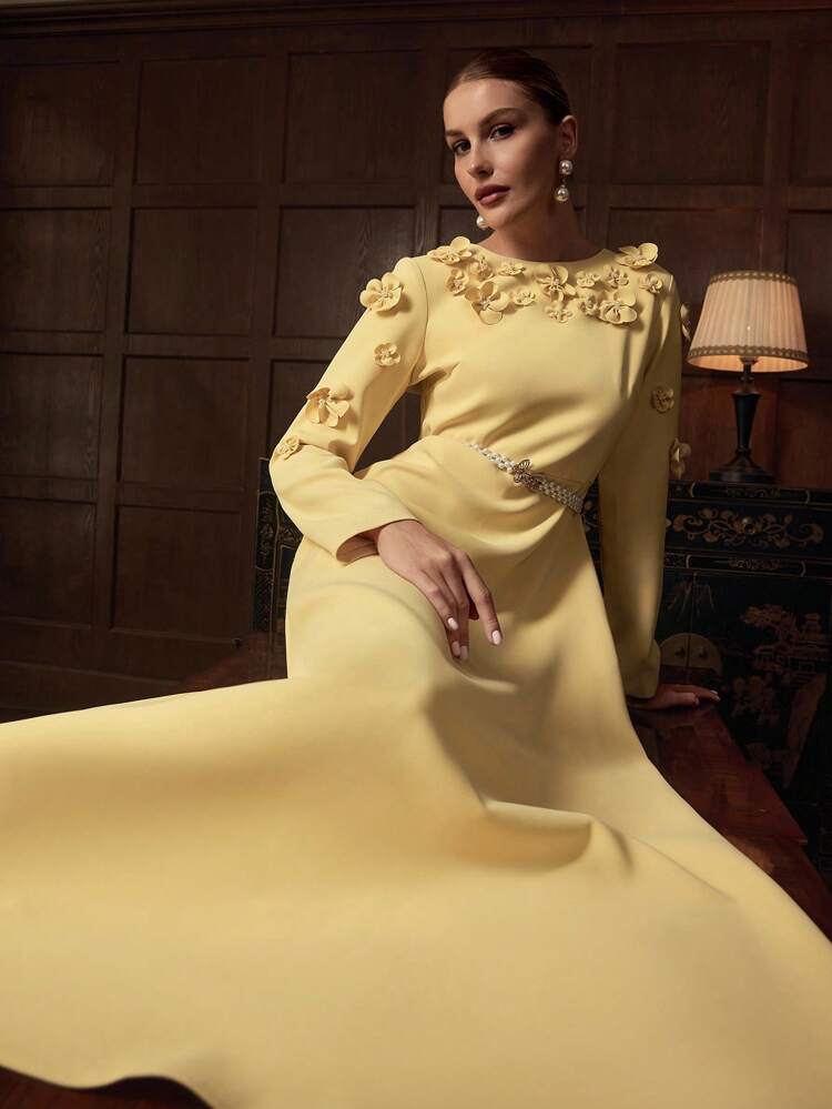 ZEYLAH Women's Round Neck Long Sleeve Elegant 3D Faux Pearl Flower Long Dress Fall Cloth For Women