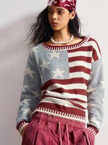 Bohemela Autumn/Winter Boho Retro Striped Star Pattern Usa Flag Graphic Knit Pullover Sweater, Suitable For Independence Day & Vacation & Daily Wear - Multicolor - View 4
