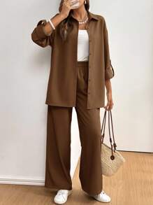 SHEIN Frenchy 女式纯色翻袖单排扣衬衫和裤子两件套休闲装 - 巧克力棕 - 查看 4