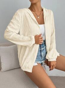 SHEIN Essnce Women's Plain Hooded Jacket With Long Sleeves, Zip Front And Pleated Detail In Fall/Winter - Apricot - View 6