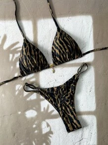 Elavelle Springbreak 女士沙滩装，随机印花细肩带金属装饰性感比基尼套装 - 彩色 - 查看 2