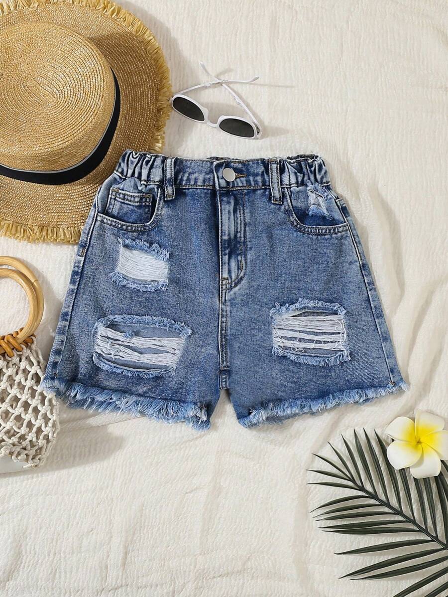 Tween Girl Retro Fashion Distressed Denim Shorts - Dark Wash - View 1