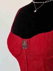 SHEIN ICON Áo hai dây Jacquard dành cho nữ, kiểu dáng gợi cảm, phù hợp cho các bữa tiệc và tụ họp, áo corset đỏ, áo voan đỏ, áo corset vạt trước ngắn vạt sau, trang phục dự tiệc mùa thu cho nữ, trang phục dự đám cưới, khách mời. - Đỏ - Xem 4