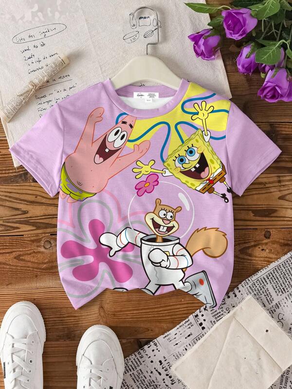 SpongeBob SquarePants X SHEIN Camiseta de manga corta con cuello redondo y gráfico de dibujos animados, casual de verano para niña preadolescente