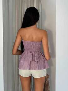 Glamine Textured Wrinkled Fabric Elastic Bandeau Top With Ruffle Hem Ruffle Top Shirred Top Women Ibiza Party Graduation Babydoll Top For Women Women's Vacation Top Daily Simple Top Western Top - Red Violet - View 4