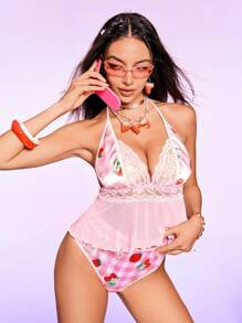 Happy Jammies Women Contrast Lace Plaid Halter Sexy Lingerie Set - Pink - View 1