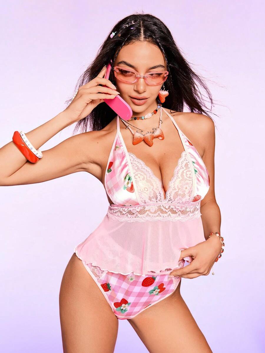 Happy Jammies Women Contrast Lace Plaid Halter Sexy Lingerie Set - Pink - View 1