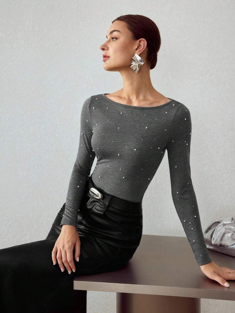 WOOL BLEND BOAT NECK FAUX PEARL BASIC FASHION T-SHIRT