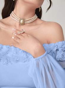 Modelyn 女士纯色 3D 花卉装饰露肩灯笼袖优雅连衣裙 - 藍色 - 查看 5