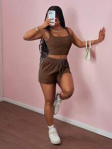 Slaydiva Nuevo conjunto de 2 piezas para verano: Camiseta sin mangas de cuello cuadrado casual y básica, y shorts ajustados con cordones, rayas, bolsillos, cremallera invisible, textura con efecto lavado ácido, para festival de música, Pascua, uso diario, vacaciones, crucero, playa, tomar el sol, estilo callejero, color verde, para mujer - Marrón - Ver 3