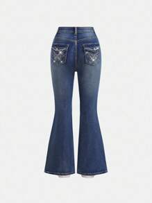 Girlism Teen Girls Casual Washed Rhinestone Embroidered Butterfly Flare Jeans,Back To School Clothes,Fall Kid's  Casual And Comfortable  Wear, 2000s ,Back To School Clothes Winter