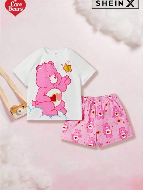 SHEIN X Care Bears Set pijamale 2 buc. pentru fete preadolescente, tricou tricotat cu mânecă scurtă și pantaloni scurți cu imprimeu roz, potrivit pentru vară