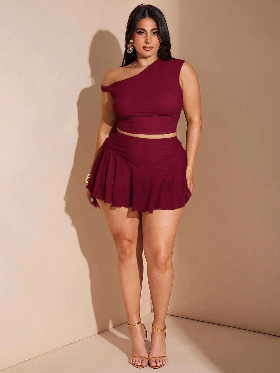 SHEIN BAE 大码女式两件套:橄榄绿色不对称领口褶饰不对称上衣和修身荷叶边下摆半身裙,海滩度假装 - 酒紅色 - 查看 1