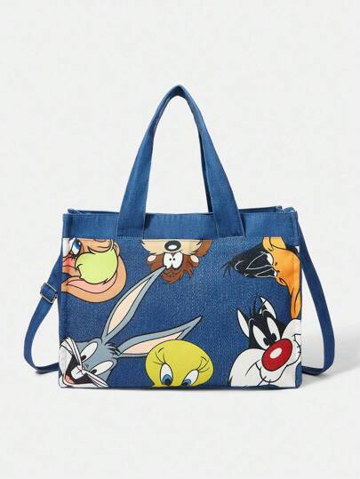 LOONEY TUNES X SHEIN Borsa a spalla di moda blu con stampa di cartoni animali, borsa da palestra
