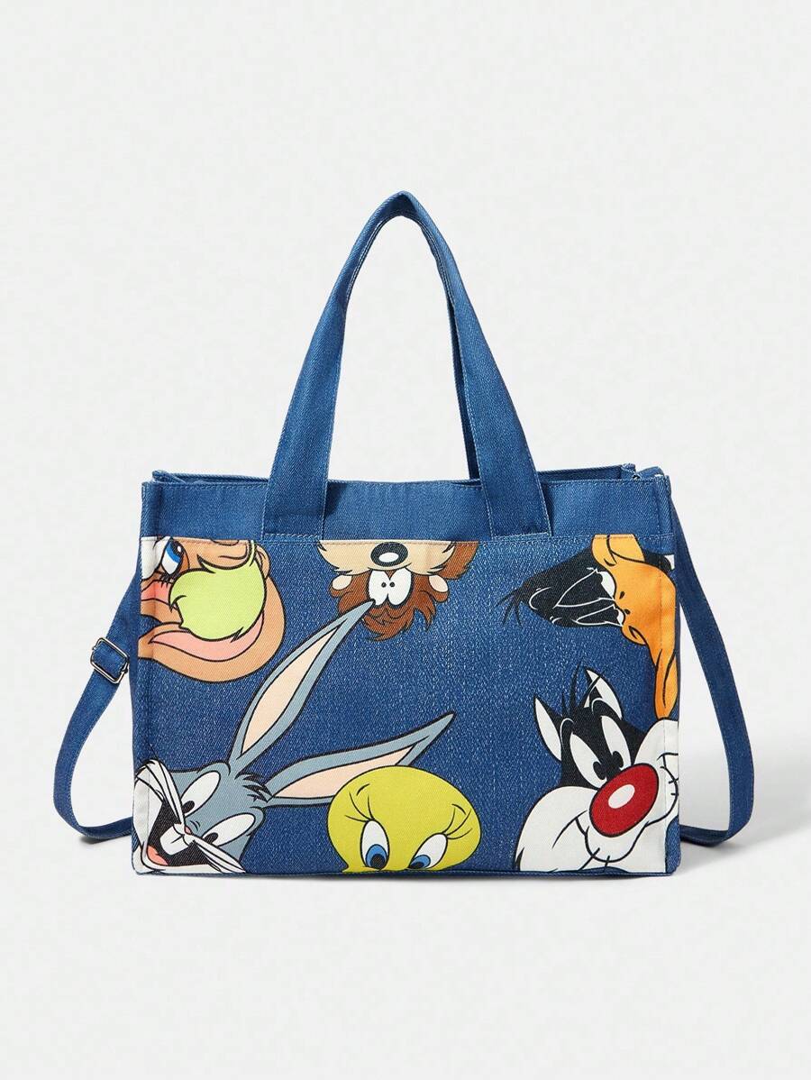 LOONEY TUNES X SHEIN 卡通动物印花蓝色时尚单肩包、健身包 - 霧霾藍 - 查看 1