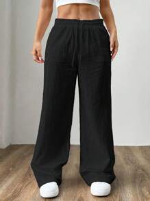 SHEIN EZwear Plus Size Women's Black Woven Loose Wide Leg Pants, Summer - Black - View 1