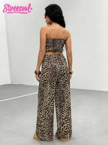 Teen GirlCasual All-Match Everyday Home Leopard Print Crop Top + Loose Pants Woven Tank Top Set
