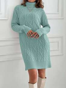 EURMUSE Knitwear Dress With Folded Neck And Cable Pattern,Winter Dresses For Women,Petite - Mint Green - View 7