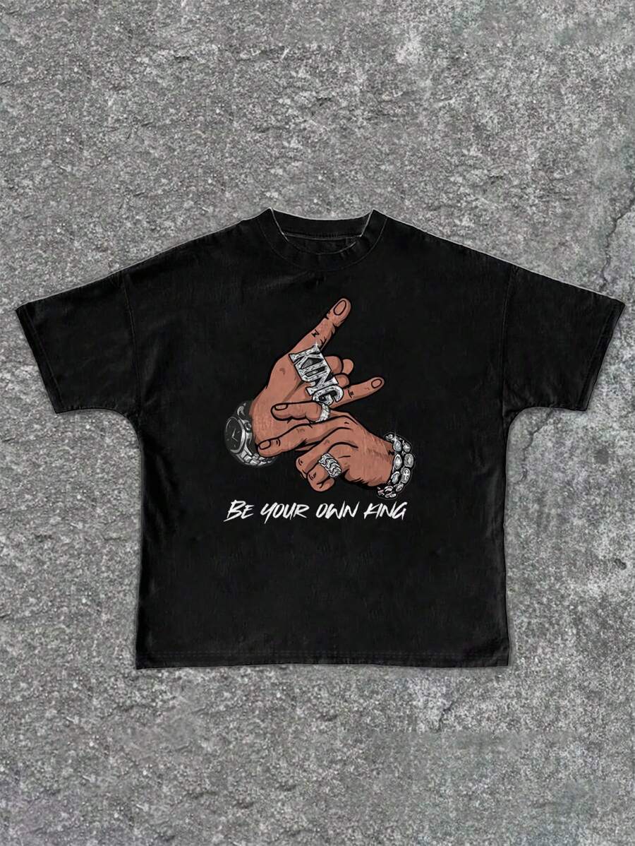 SHEIN Bolty Swagger & Tween Boy Casual Gesture Patterned Round Neck Short Sleeve T-Shirt, Summer - Black - View 1