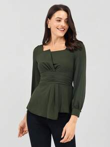 Miaspire 女士纯色方领泡泡袖不对称下摆优雅衬衫，绿色秋季衬衫，长袖上衣