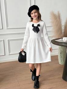 SHEIN Abito a vita svasata a girocollo in maglia melange per ragazze pre-adolescenti, decorato con fiocco, stile elegante da signora, versatile per tutte le stagioni
