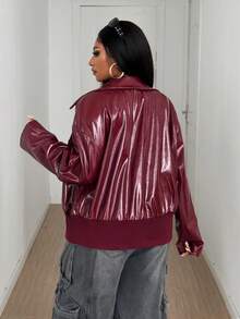 Maweii Women's Casual PU Leather Splicing Ribbed Drop Shoulder Long Sleeve Metal Zipper Jacket/Bomber Winter Fall Autumn - Red - View 2