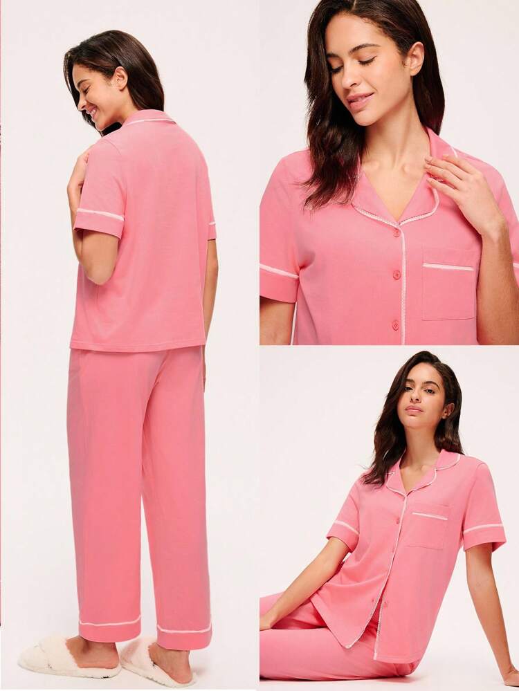 Soft  Pink  Airy 100% Cotton Women Basic Long Pajama Set