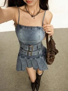 Rivivi 女式时尚街头风牛仔吊带裙，褶边设计，夏季 - 藍色 - 查看 1