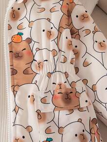 SHEIN 1件装 女童可爱小熊印花弹力腰拉链连帽抓绒外套，秋冬季女童冬季外套 女童卡通外套 儿童冬季外套 青少年冬季外套 保暖内衬冬季外套 - 卡其色 - 查看 7