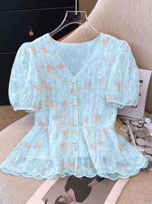 Franclia 法式浪漫刺绣V领短袖女衬衫 - 藍色 - 查看 3