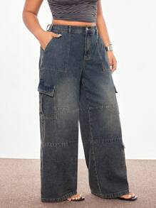Rina Fox Plus Size Vintage American Streetwear Multi-Pockets Low-Waist Cargo Denim Jeans