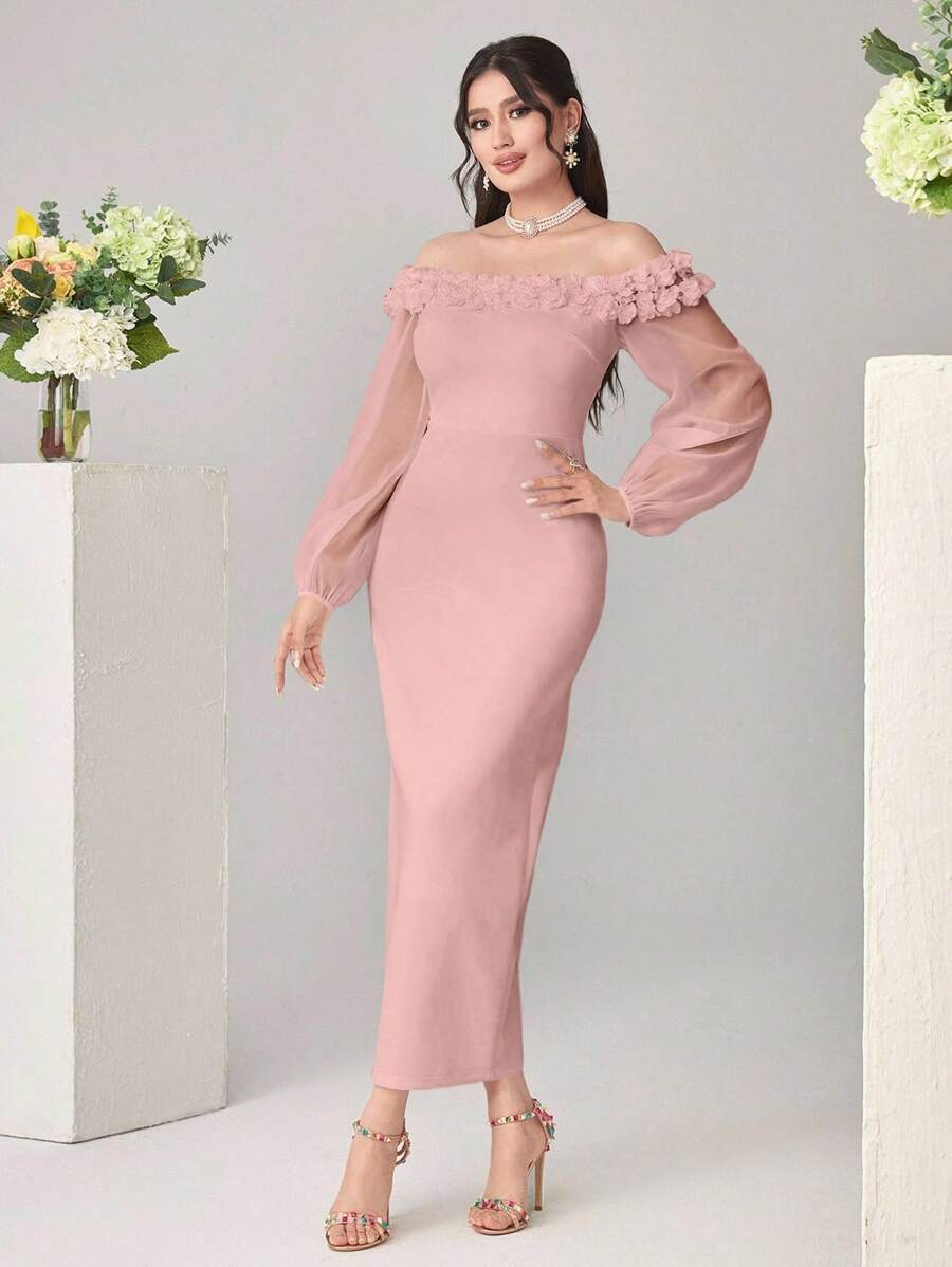 Modelyn 女士露肩优雅纯色3D花卉装饰连衣裙 - 粉色 - 查看 1