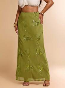 SHEIN BAE 大码夏季草绿色花卉图案亮片精致优雅长裙，鸡尾酒裙/正式秋季婚礼宾客裙